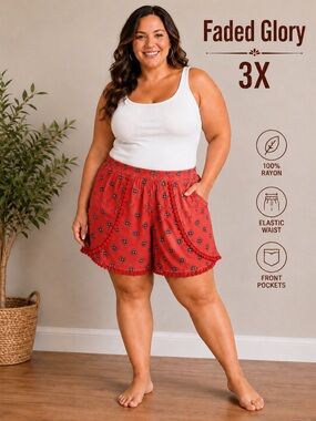 Faded Glory 3X Plus Size Red Printed Flat Pom Pom Trim Rayon Shorts Boho
